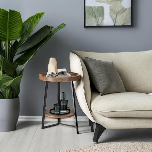 2‑Tier Farmhouse Side Table, Wood Top Metal Frame