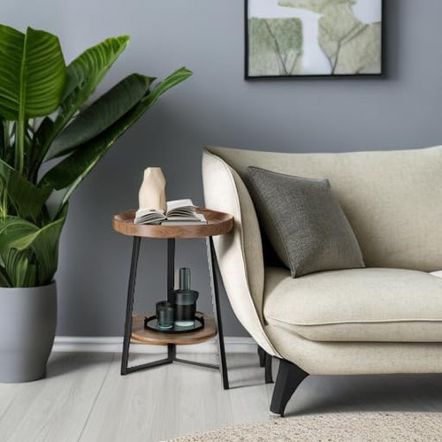 2‑Tier Farmhouse Side Table, Wood Top Metal Frame