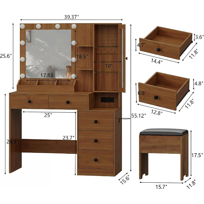 Walnut Vanity Desk with Mirror & Lights, 5 Drawers