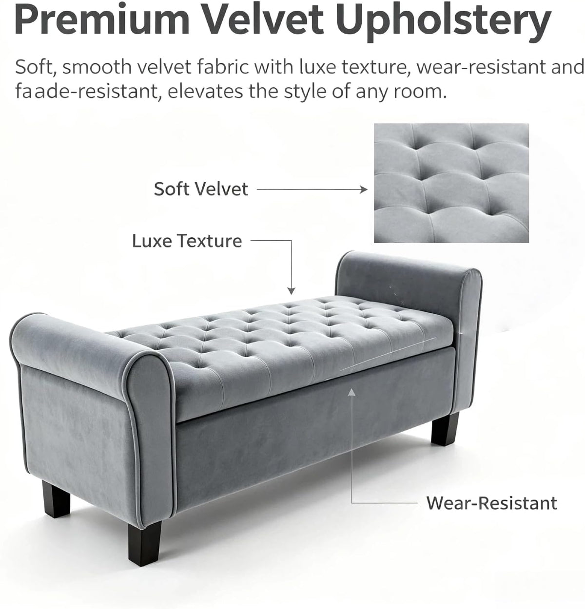 Grey Velvet 51‑Inch Storage Bench with Rolled Arms