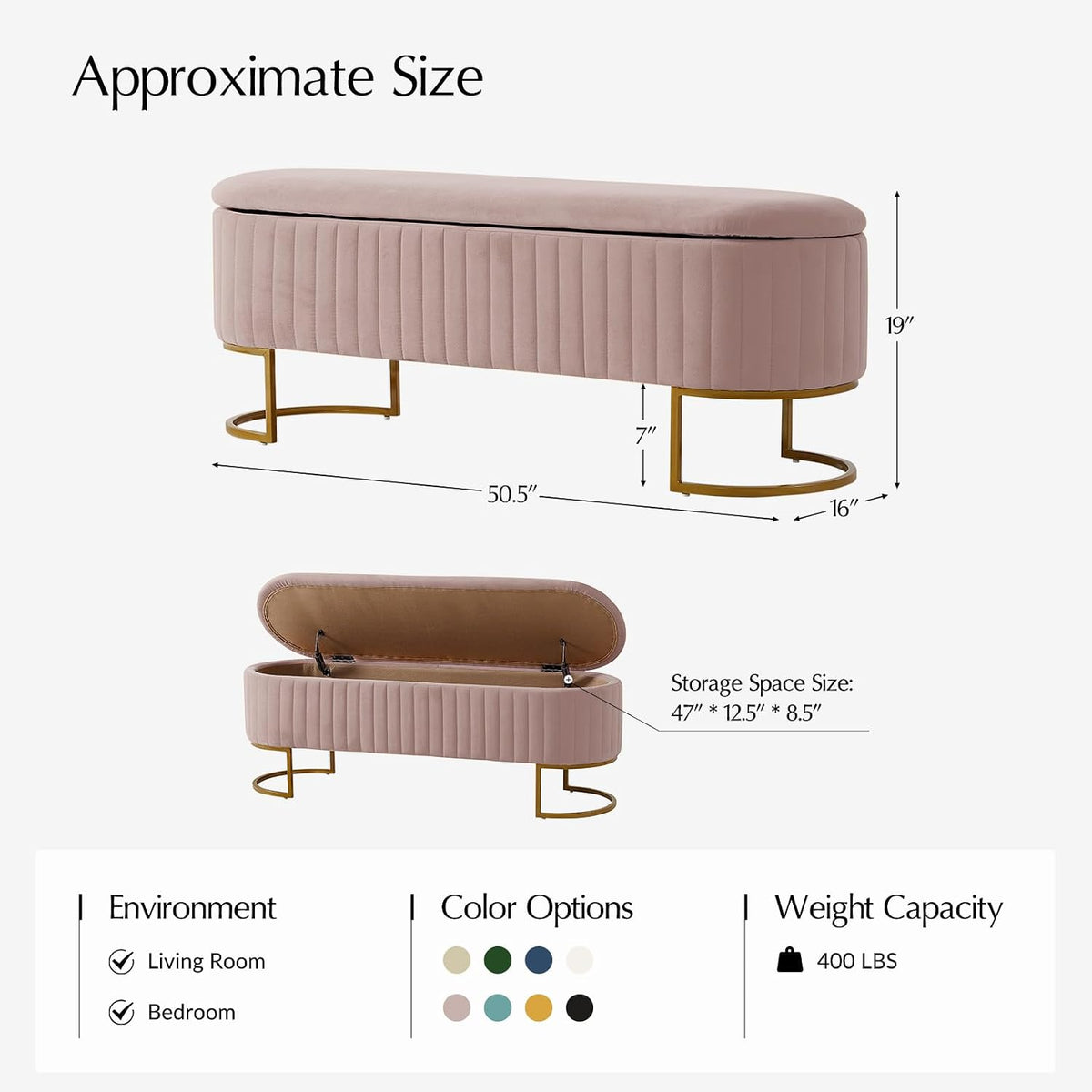 Pink Velvet Flip‑Top Storage Bench with Gold Legs