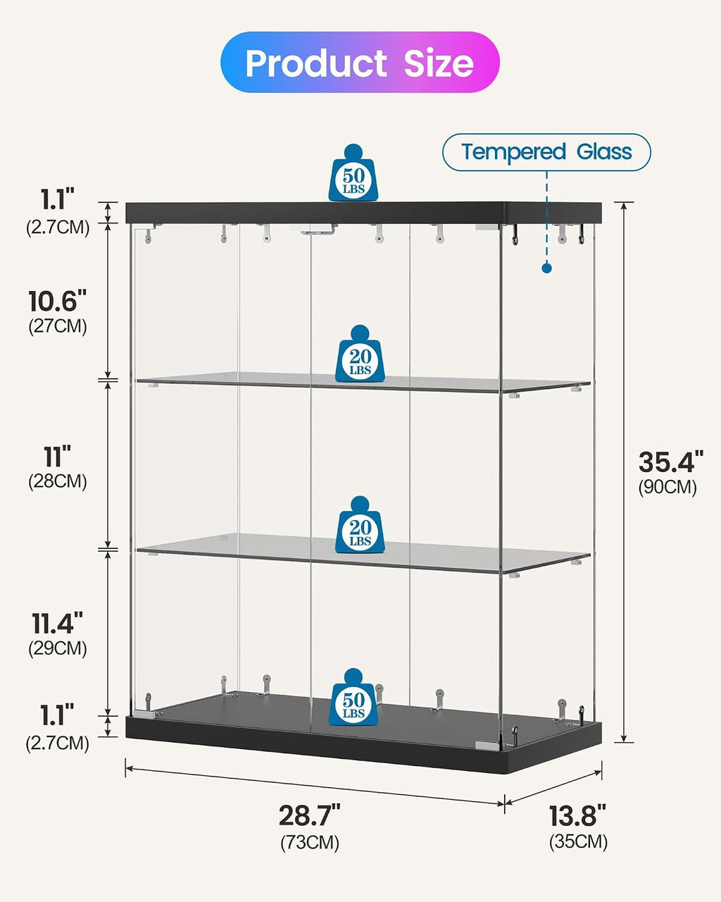 3‑Tier Glass Display Cabinet, RGB LED & Charging Station