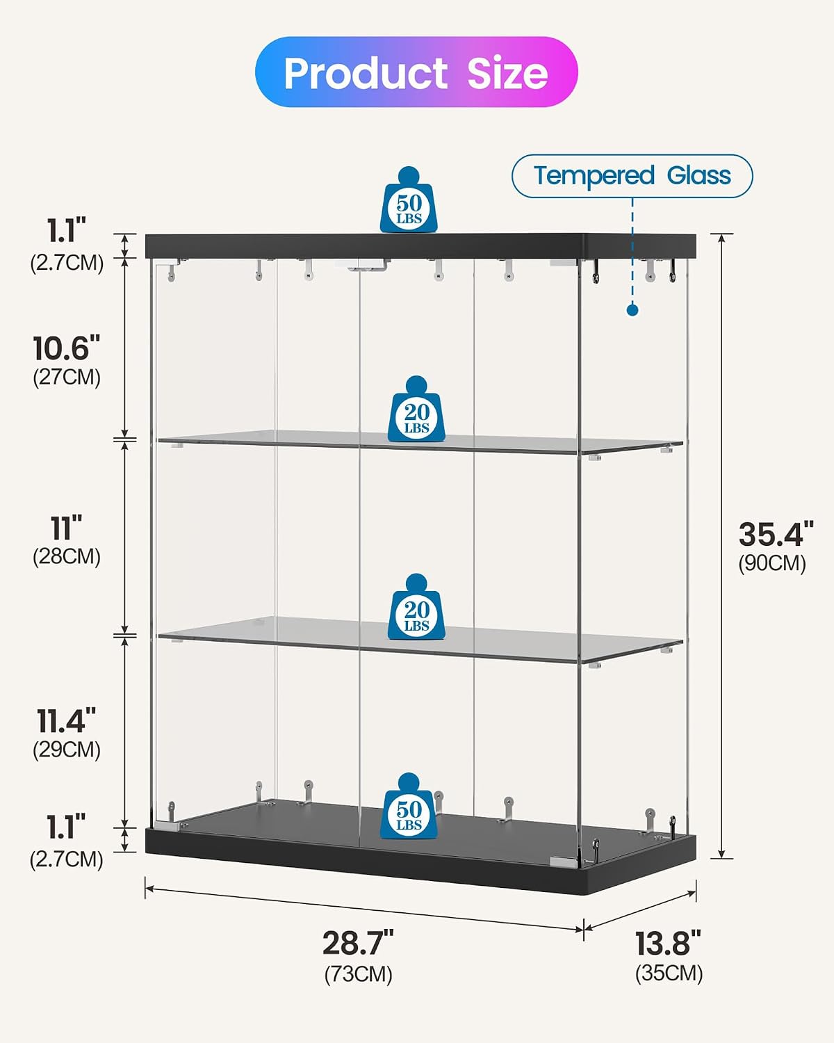 3‑Tier Glass Display Cabinet, RGB LED & Charging Station