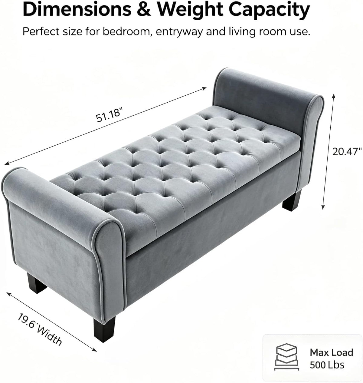 Grey Velvet 51‑Inch Storage Bench with Rolled Arms