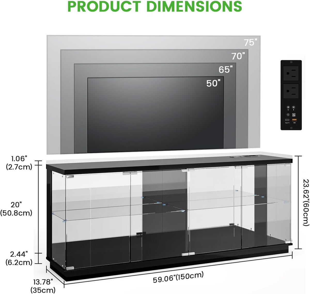 59" Glass TV Stand with Light & Charging Station