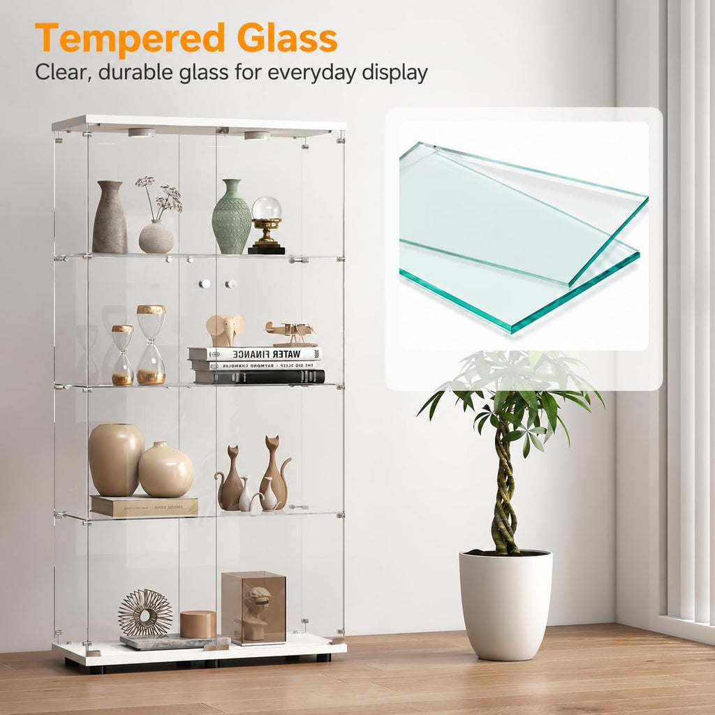 White 4‑Tier Glass Display Cabinet, Double‑Door