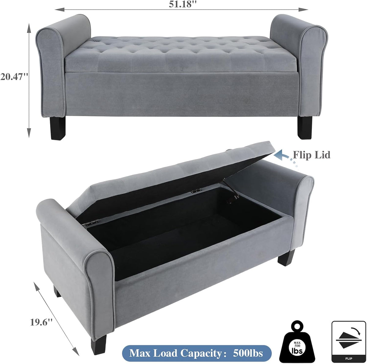 Dark Grey Velvet Tufted Storage Bench with Arms
