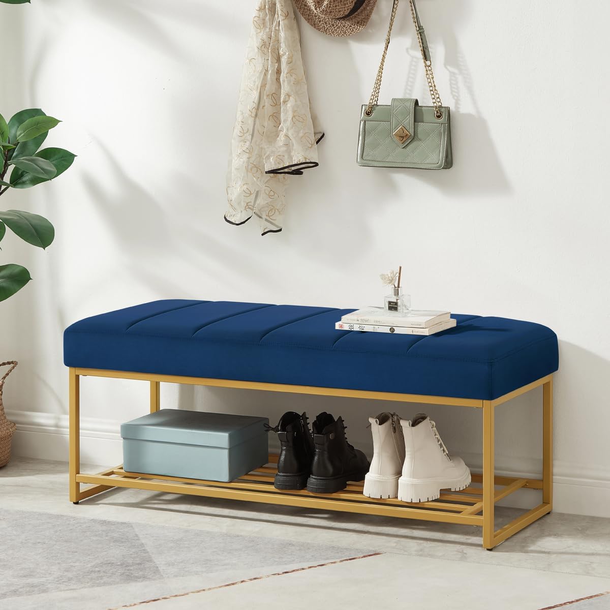 24KF Navy Velvet Tufted Bench with Gold Metal Shelf