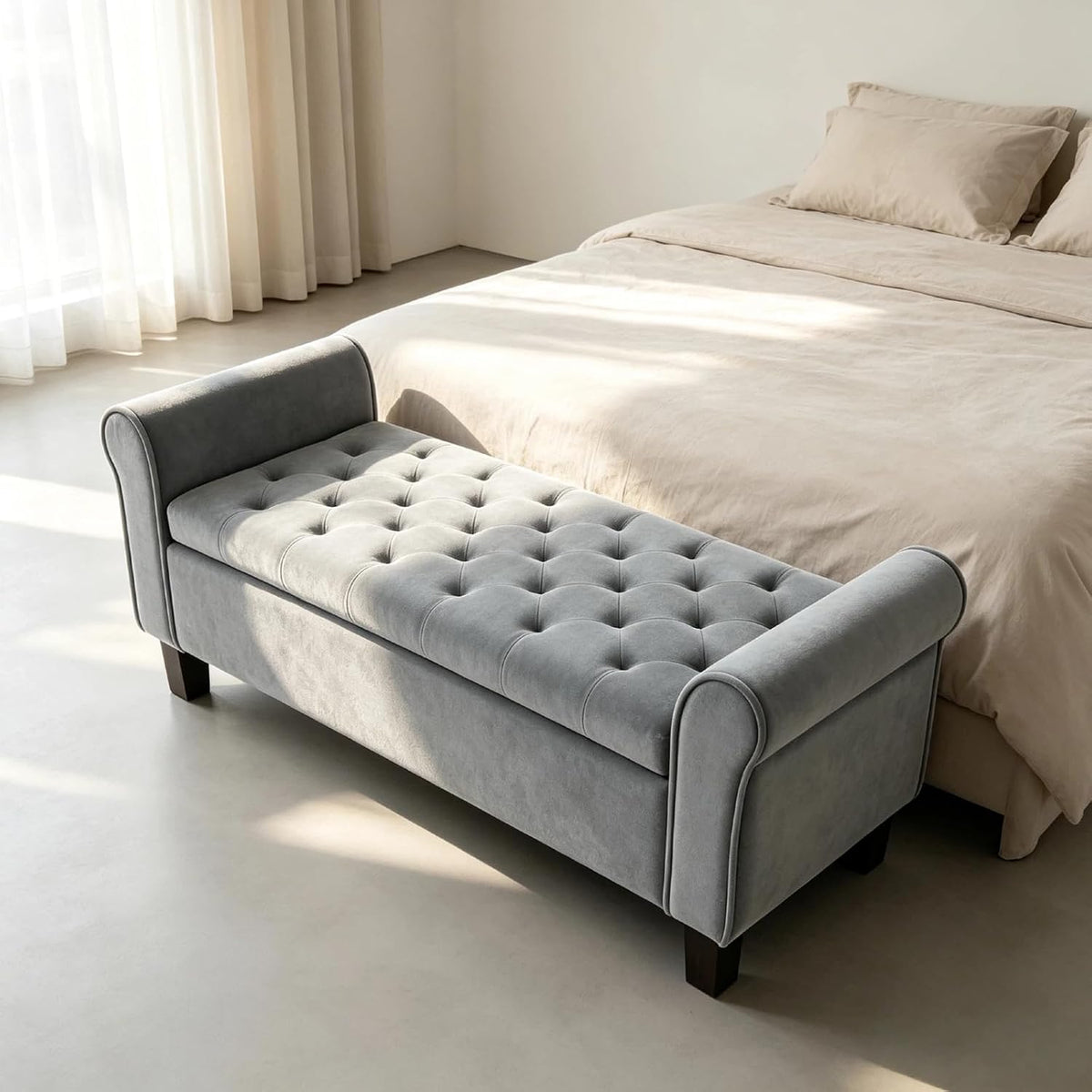 Grey Velvet 51‑Inch Storage Bench with Rolled Arms