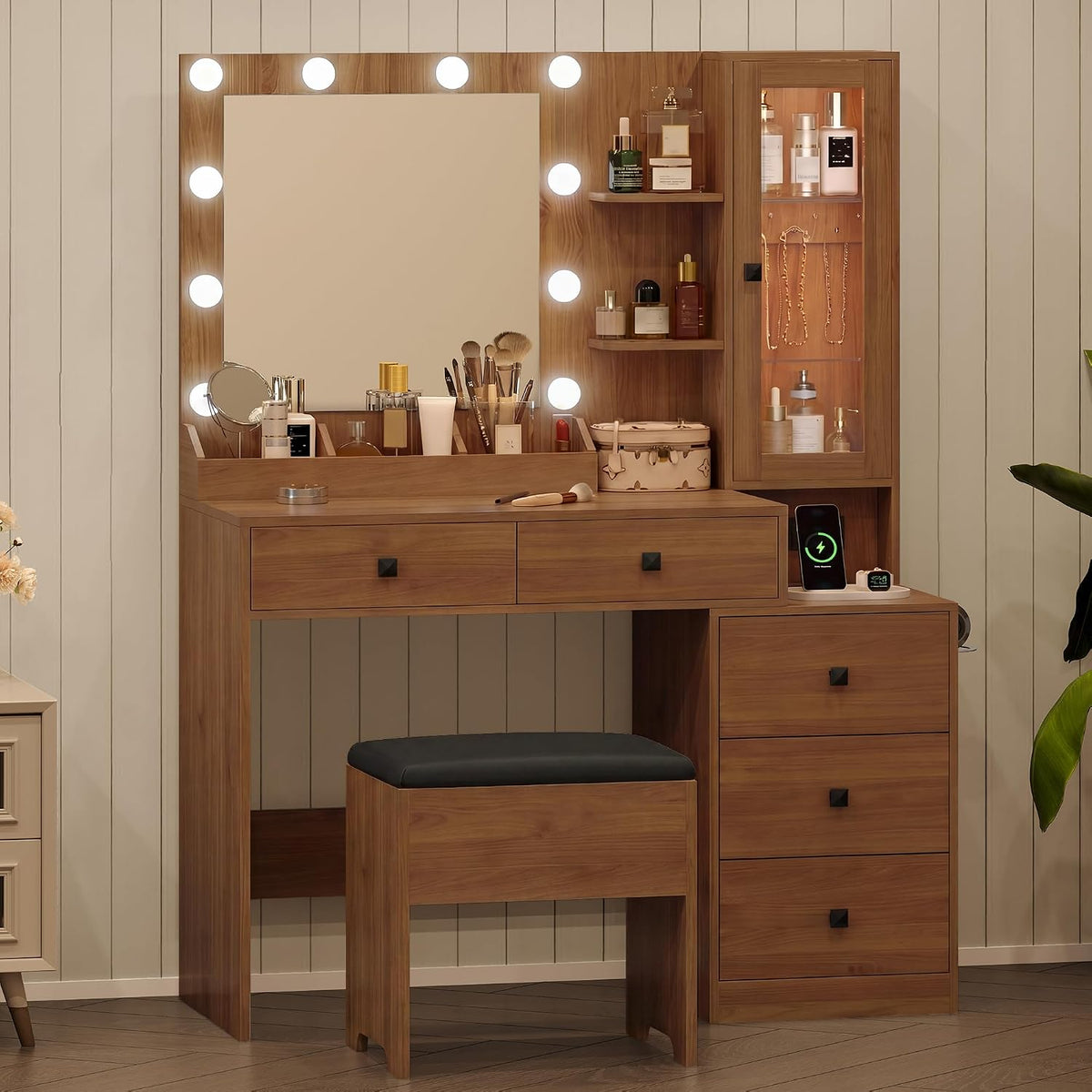 Walnut Vanity Desk with Mirror & Lights, 5 Drawers