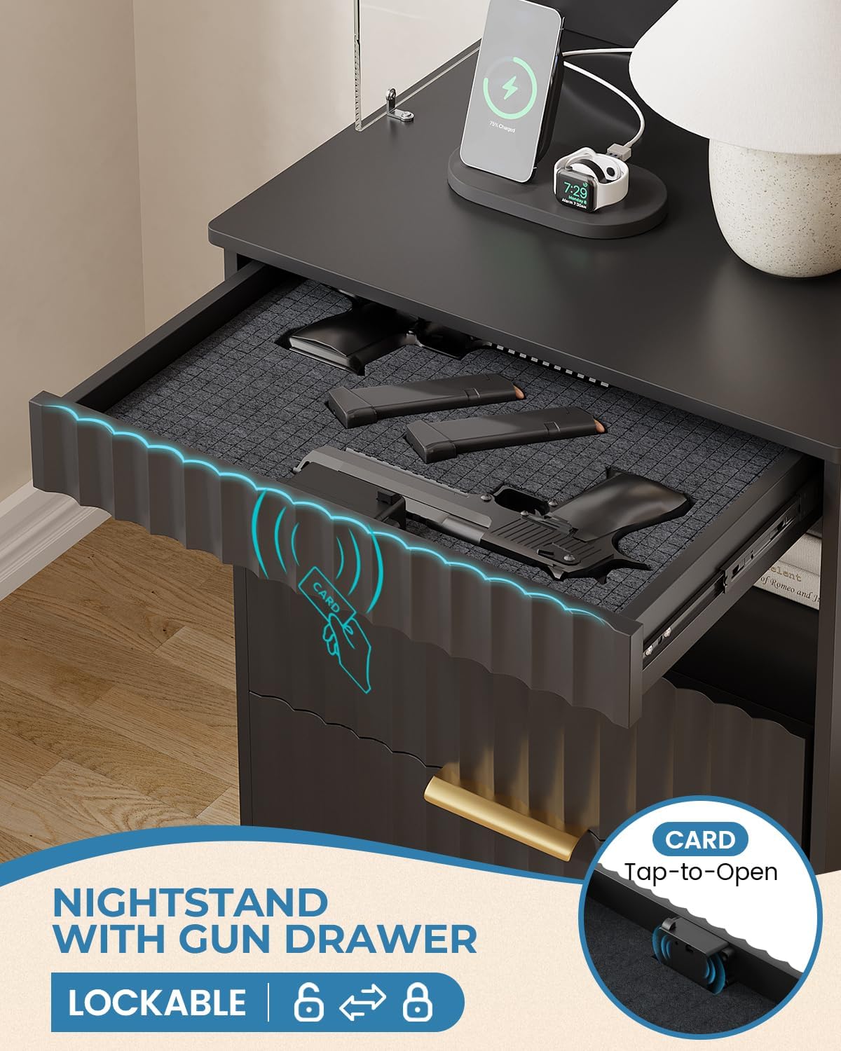 Tall Nightstand, LED Glass Storage & Charging Station