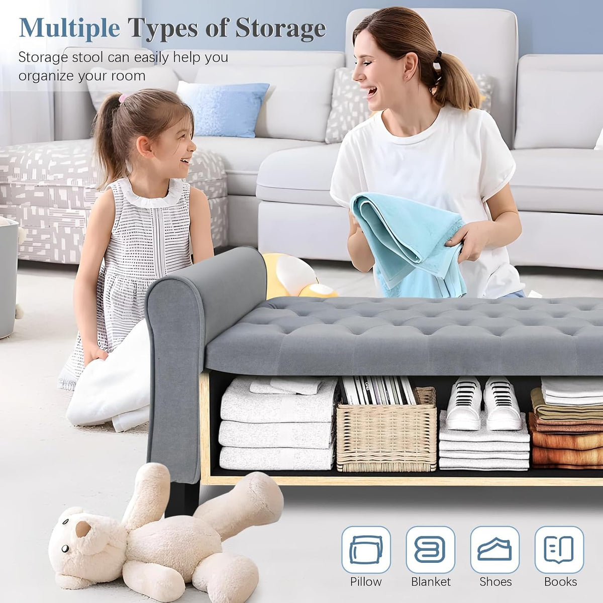 Dark Grey Velvet Tufted Storage Bench with Arms