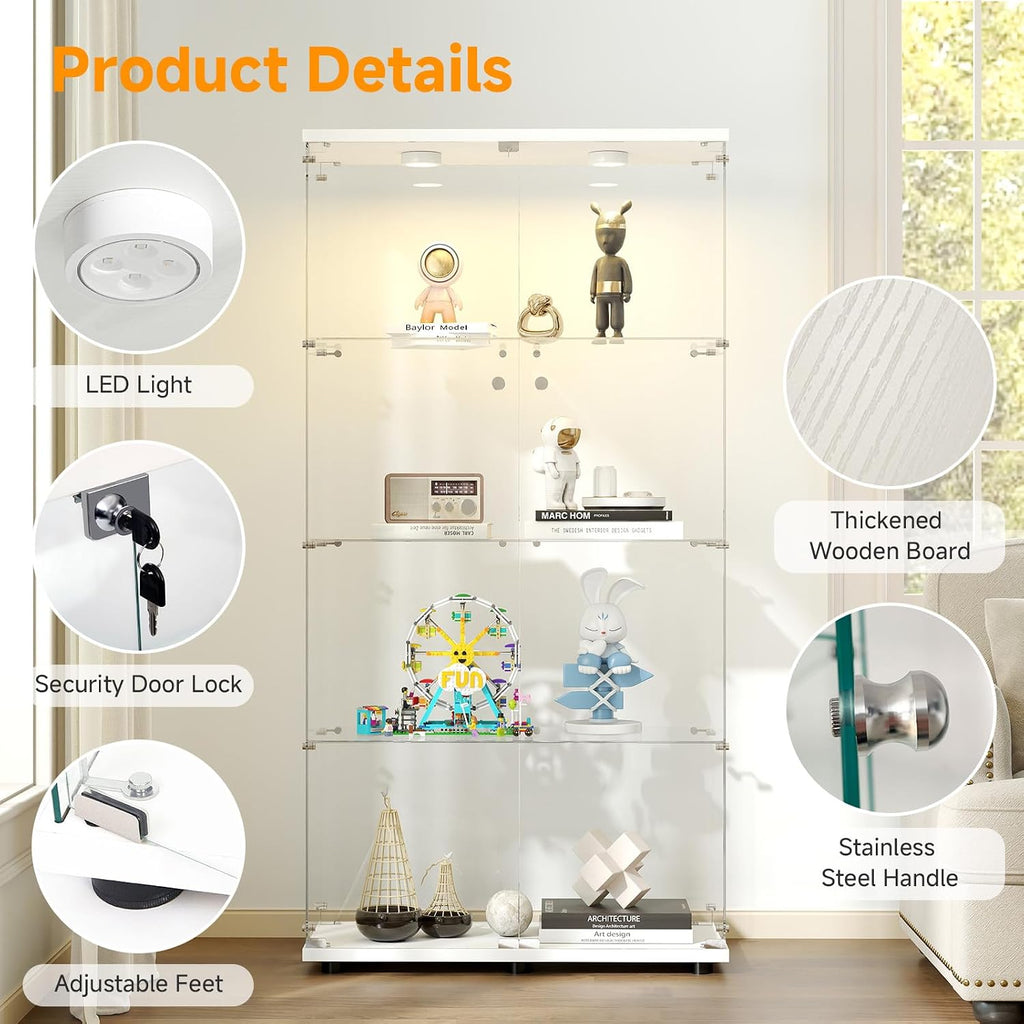 White 4‑Tier Glass Display Cabinet, Double‑Door