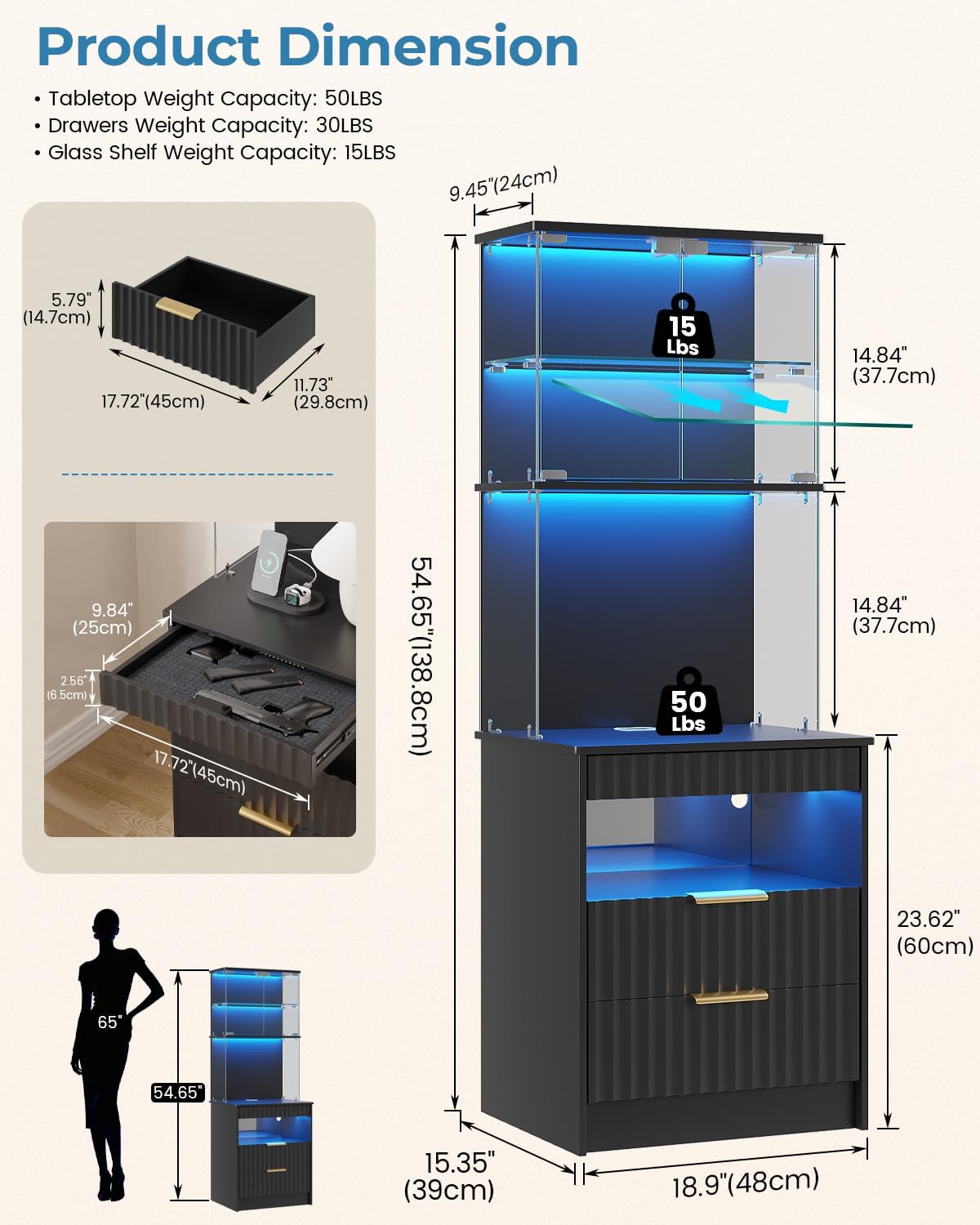 Tall Nightstand, LED Glass Storage & Charging Station