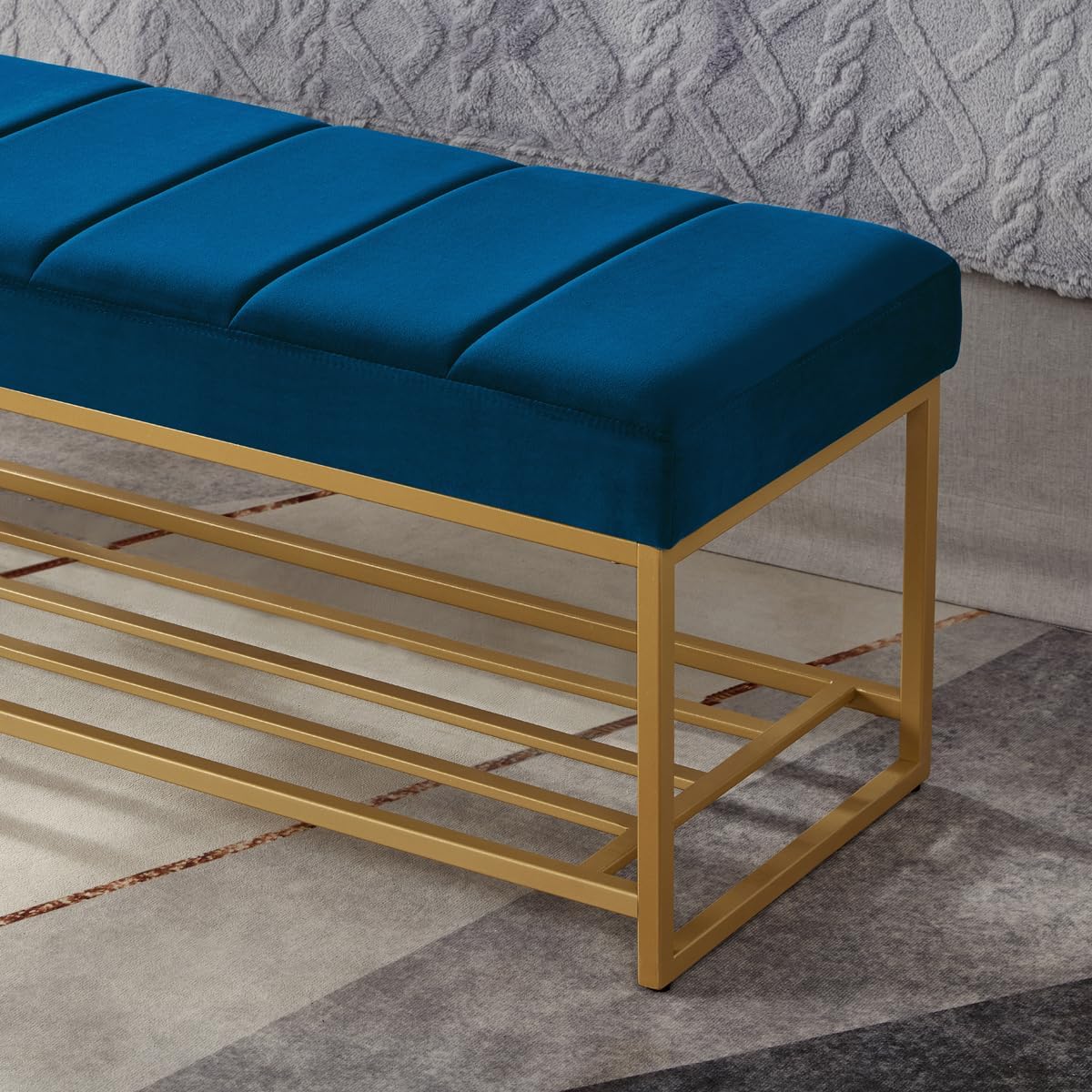 24KF Navy Velvet Tufted Bench with Gold Metal Shelf