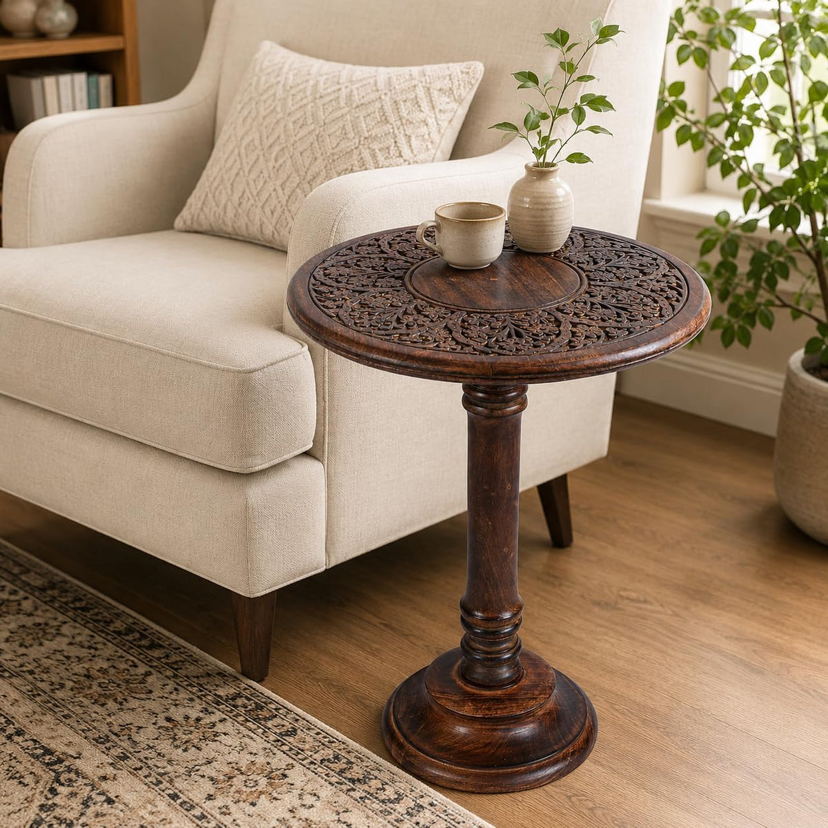 Natural Burnt Finish Pedestal Side Table