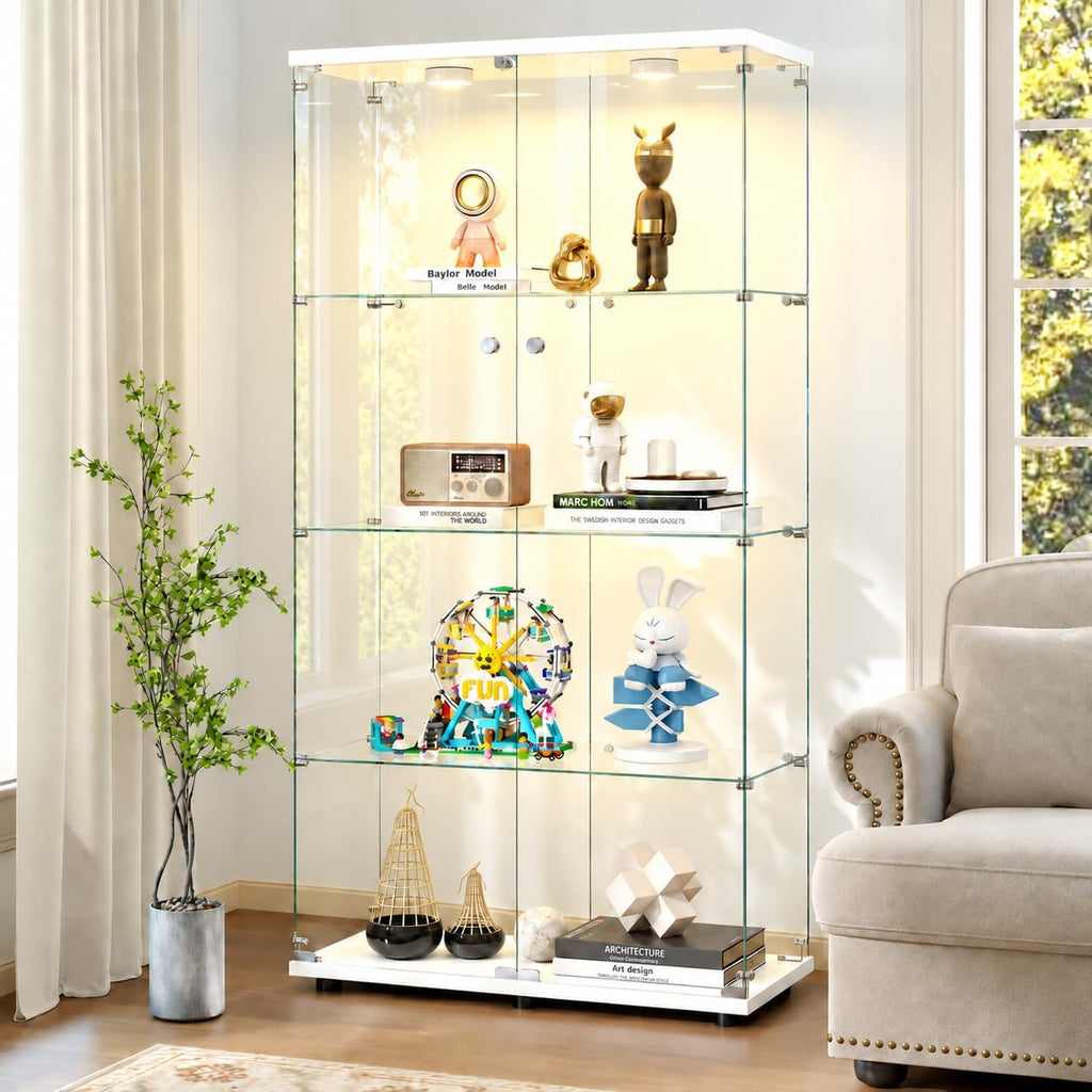 White 4‑Tier Glass Display Cabinet, Double‑Door