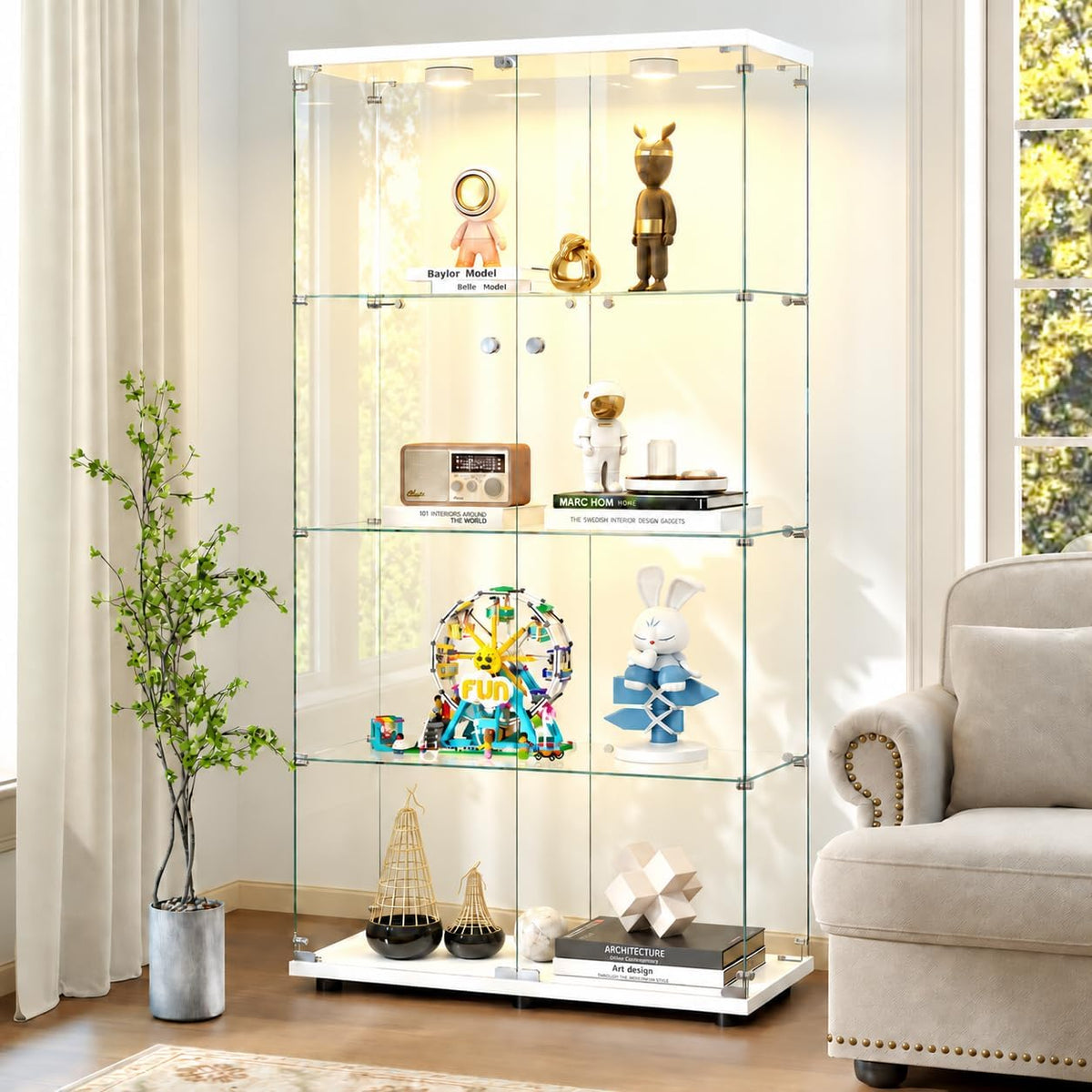 White 4‑Tier Glass Display Cabinet, Double‑Door