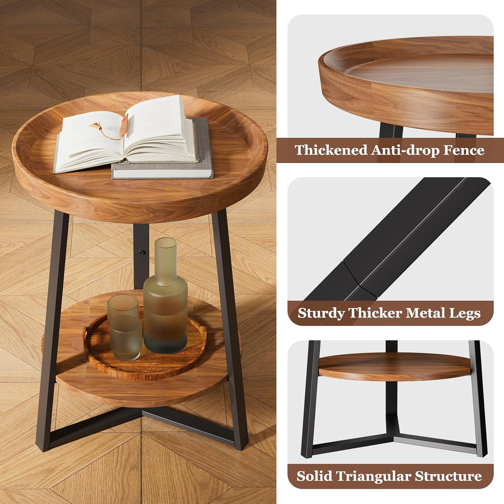 2‑Tier Farmhouse Side Table, Wood Top Metal Frame