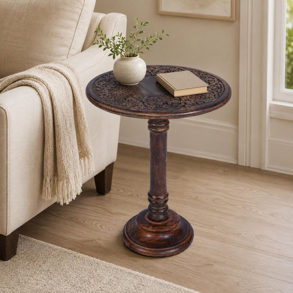 Natural Burnt Finish Pedestal Side Table