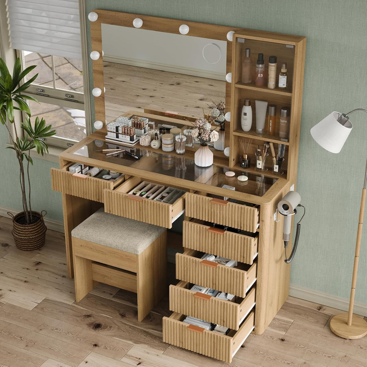 Natural Oak 47" Fluted Vanity Desk with LED Mirror