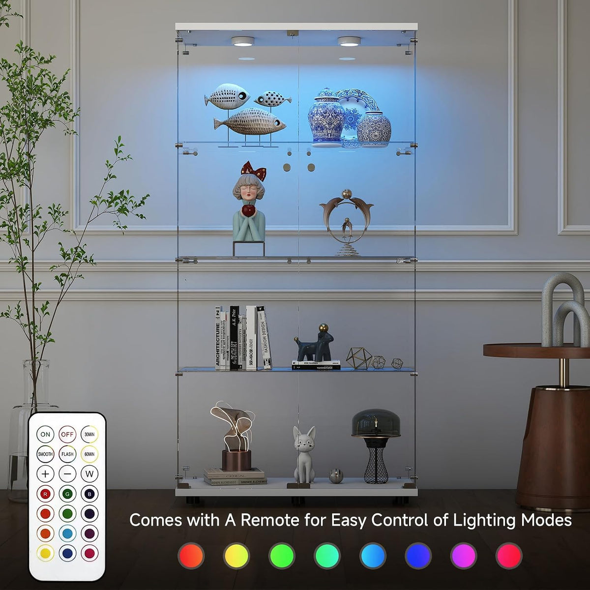 White 4‑Tier Glass Display Cabinet, Double‑Door