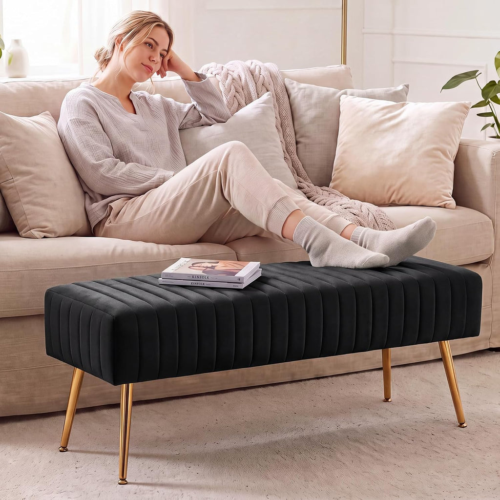 Black Tufted Bench with X‑Shaped Metal Legs