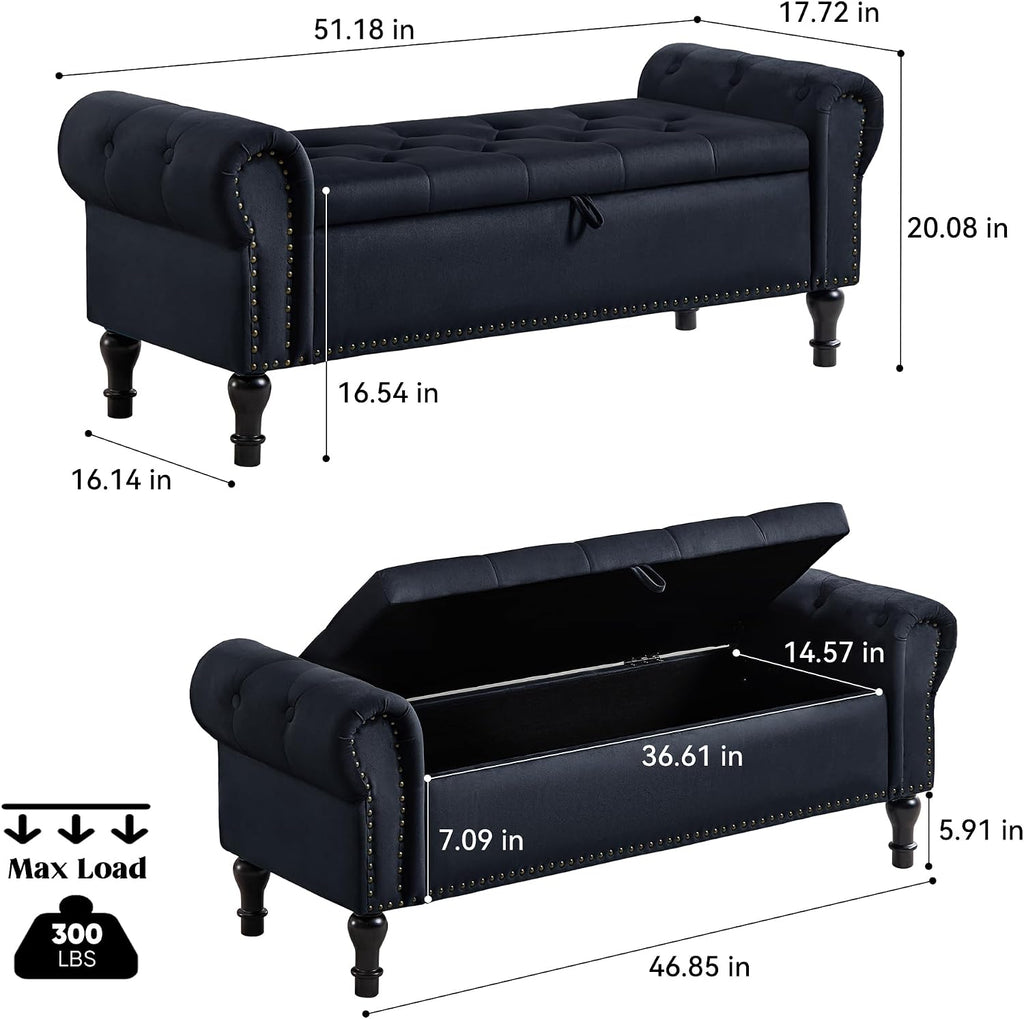 Black Velvet Tufted Storage Bench with Rolled Arms