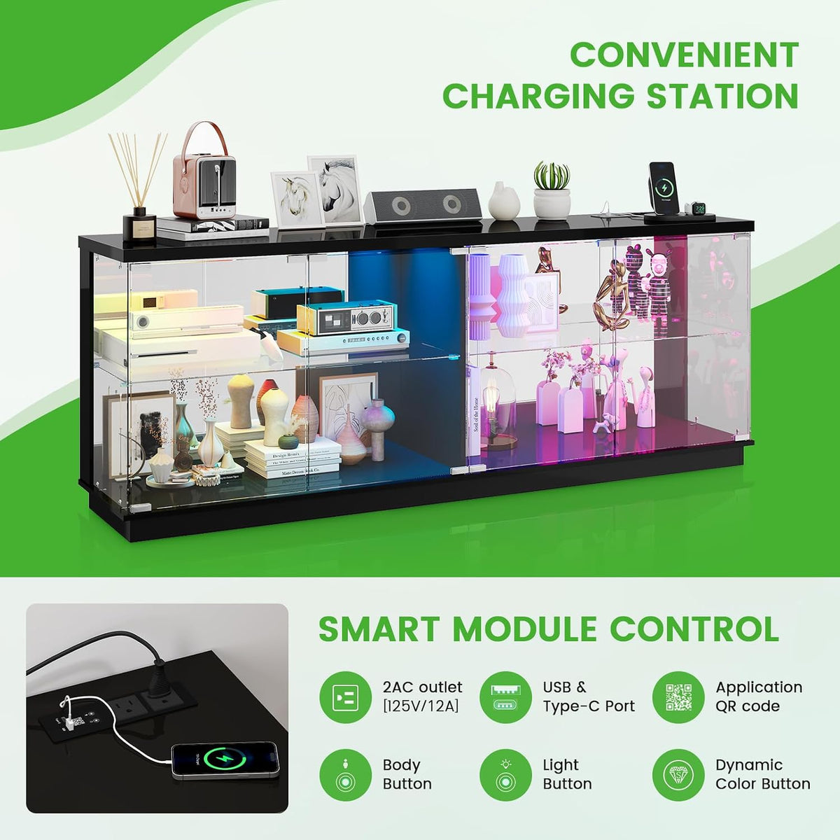 59" Glass TV Stand with Light & Charging Station