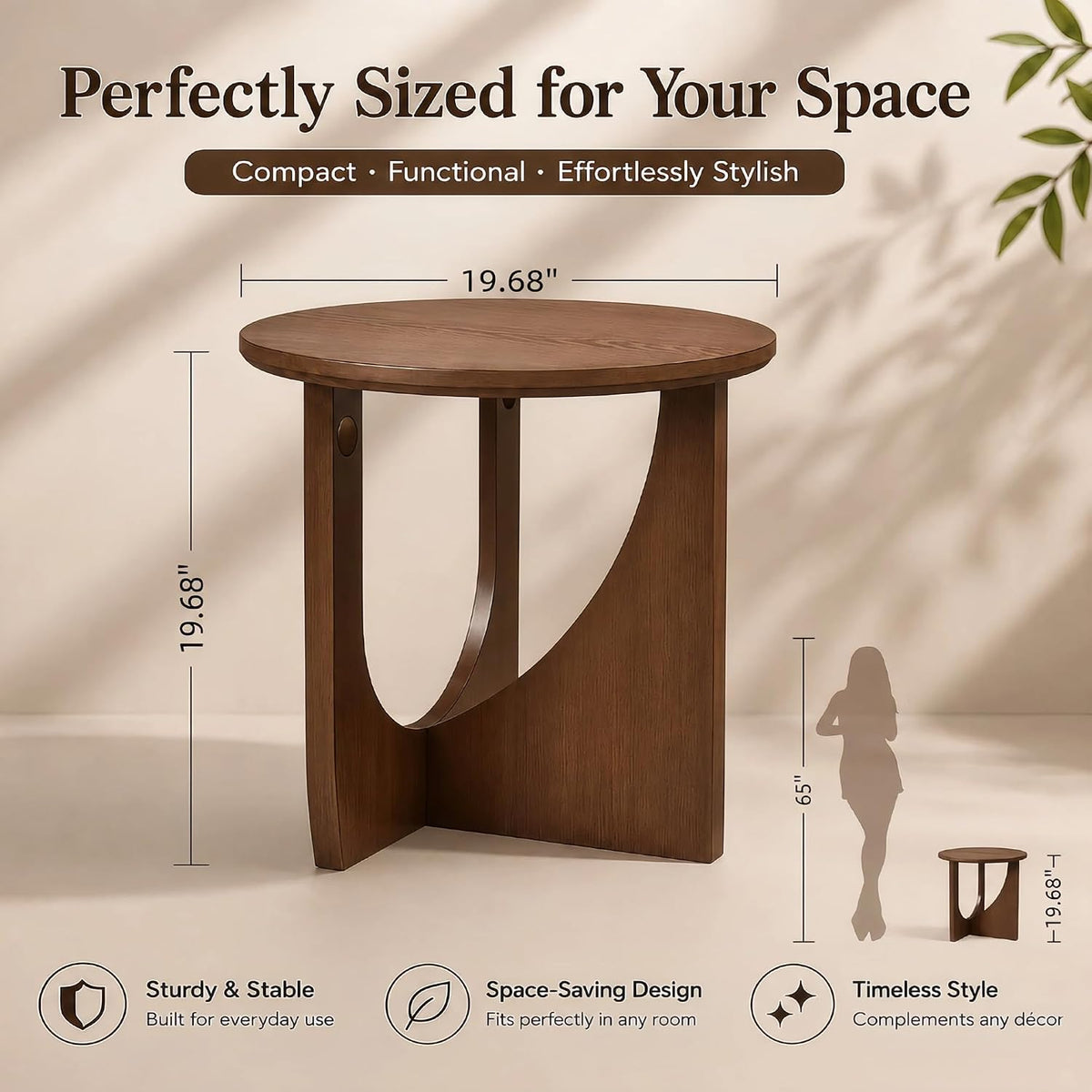 Walnut Round Side Table with Sculptural Curved Base
