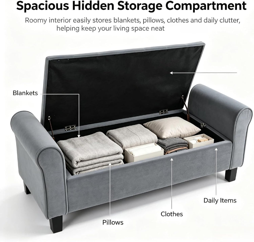 Grey Velvet 51‑Inch Storage Bench with Rolled Arms