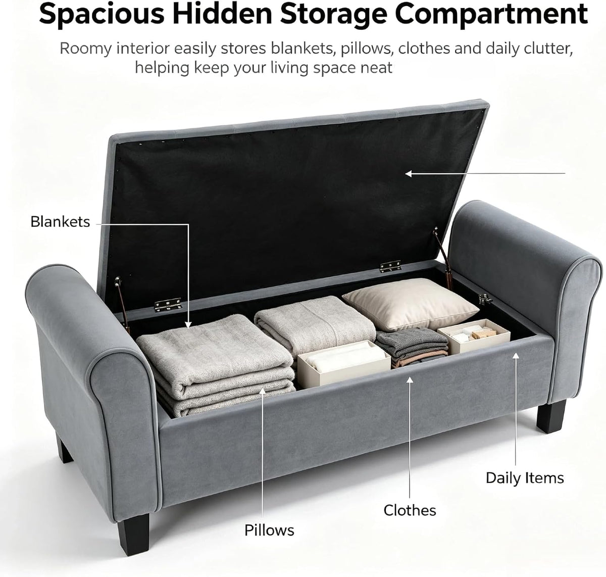 Grey Velvet 51‑Inch Storage Bench with Rolled Arms