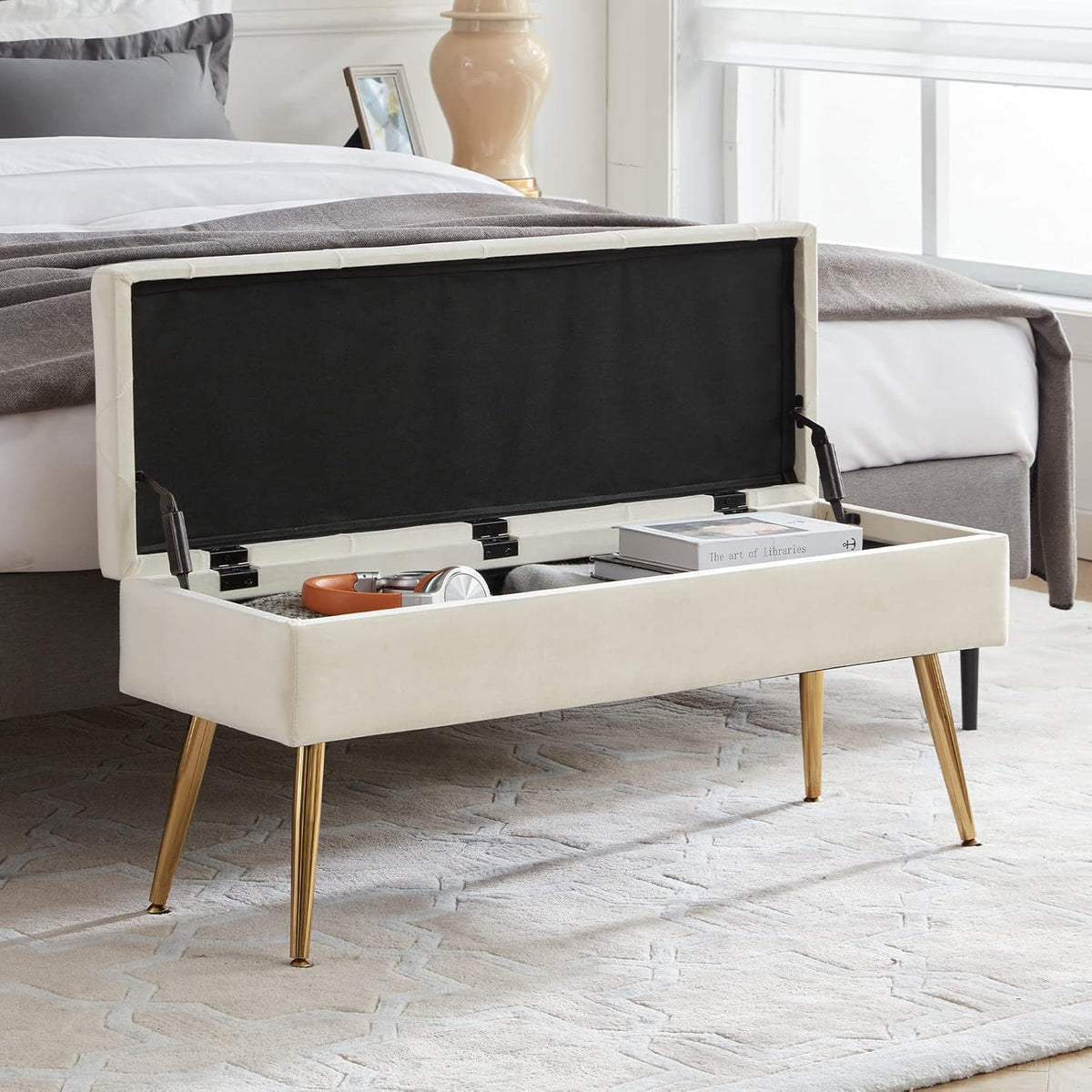 Cream Velvet Storage Ottoman Bench for Bedroom