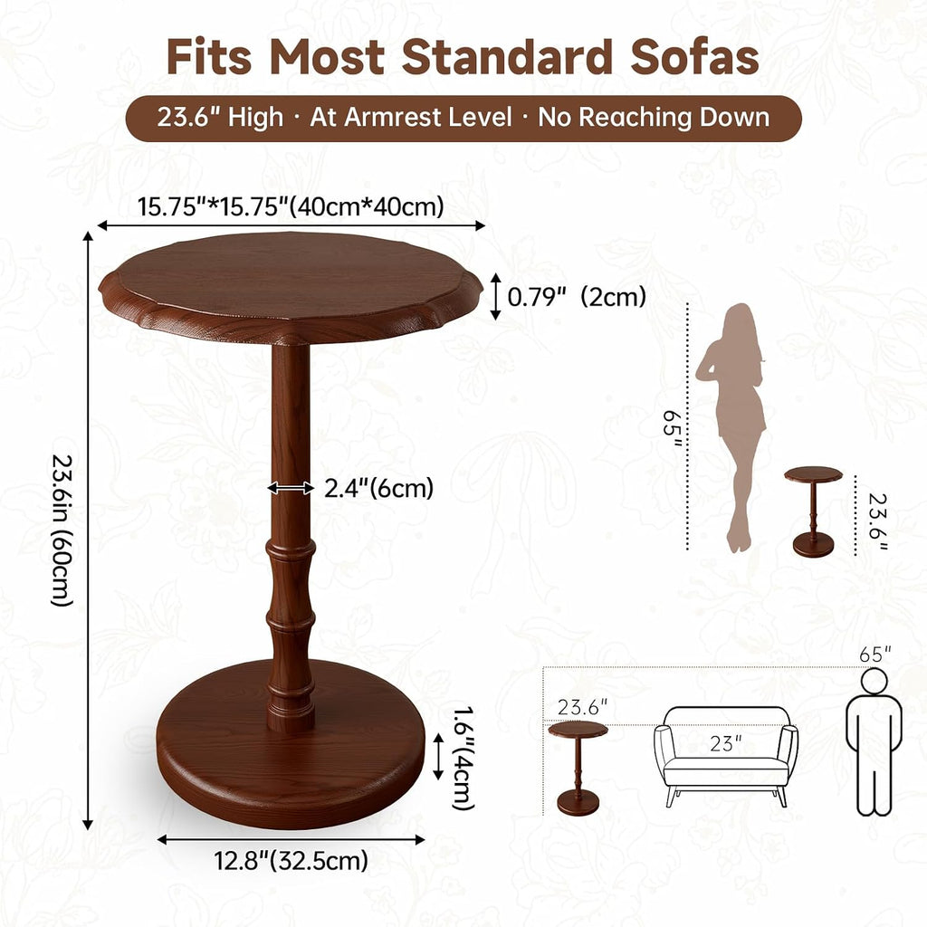 Walnut Solid Wood Vintage Pedestal Round Side Table