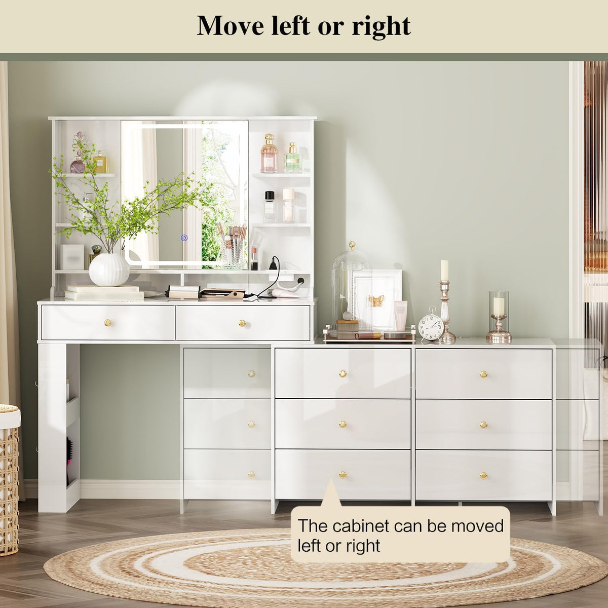 White Vanity Desk with Mirror & 8 Drawers