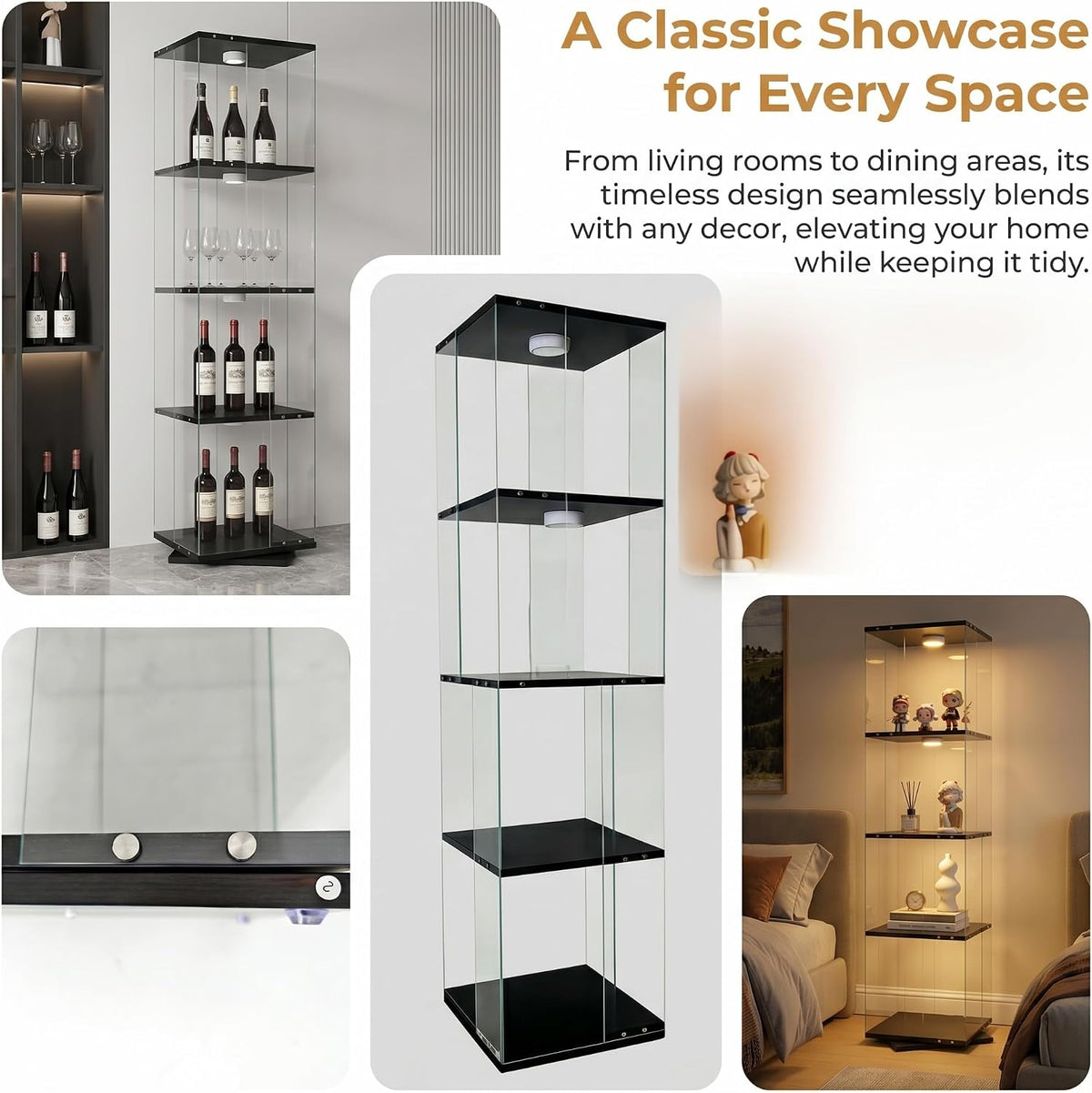 4‑Tier Glass Display Cabinet with LED Lights