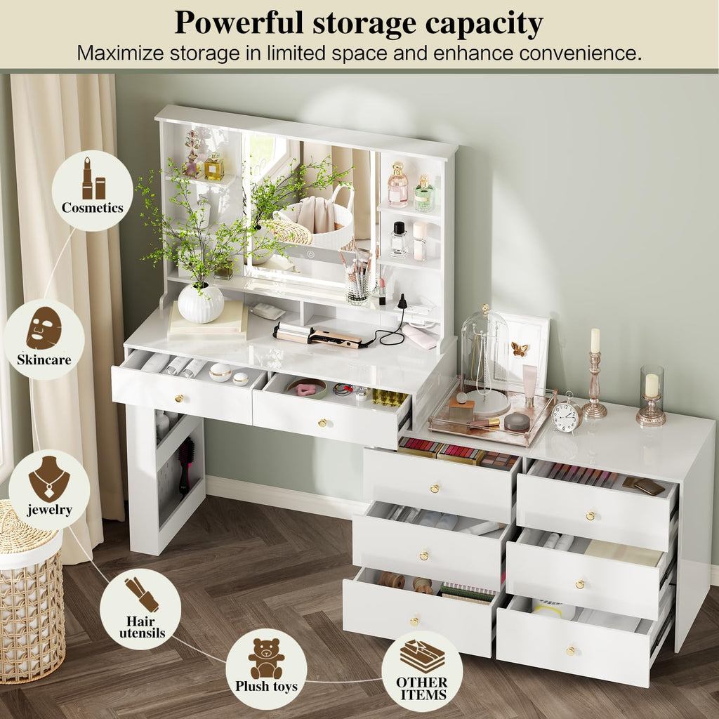White Vanity Desk with Mirror & 8 Drawers