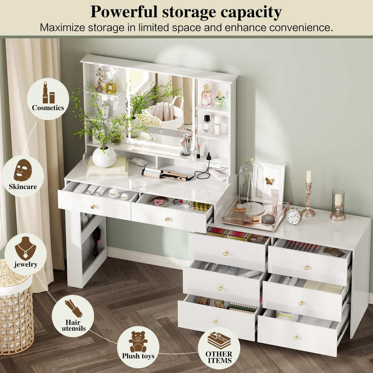 White Vanity Desk with Mirror & 8 Drawers