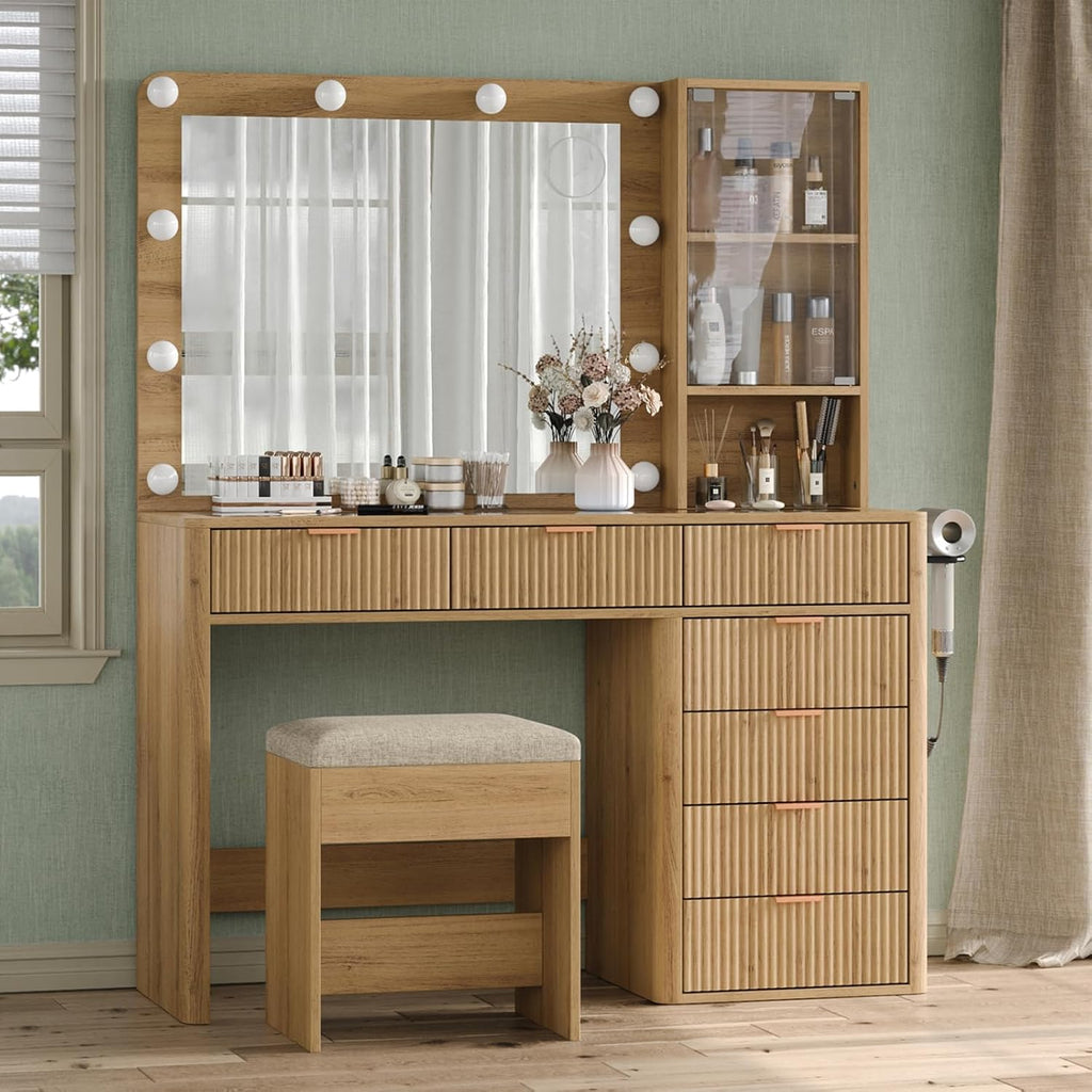 Natural Oak 47" Fluted Vanity Desk with LED Mirror