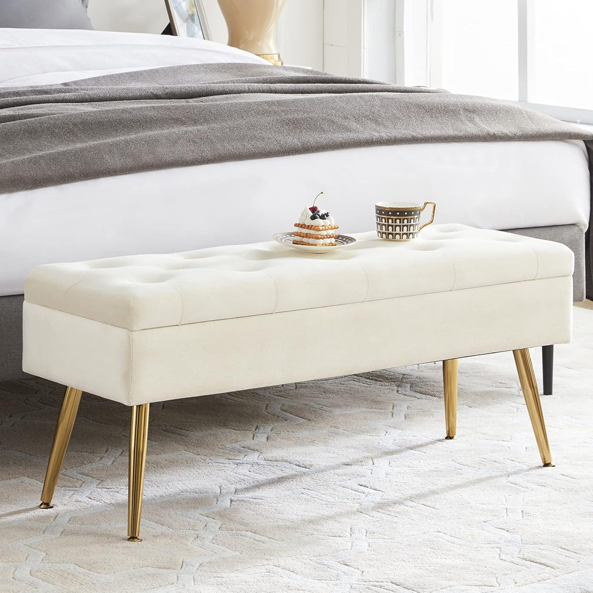 Cream Velvet Storage Ottoman Bench for Bedroom