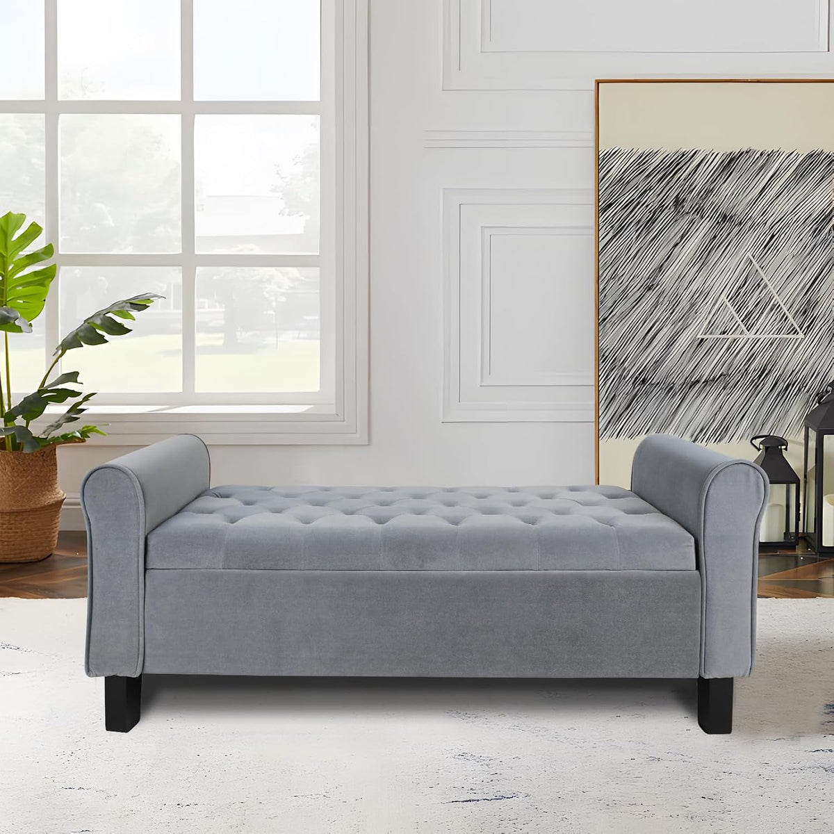 Dark Grey Velvet Tufted Storage Bench with Arms