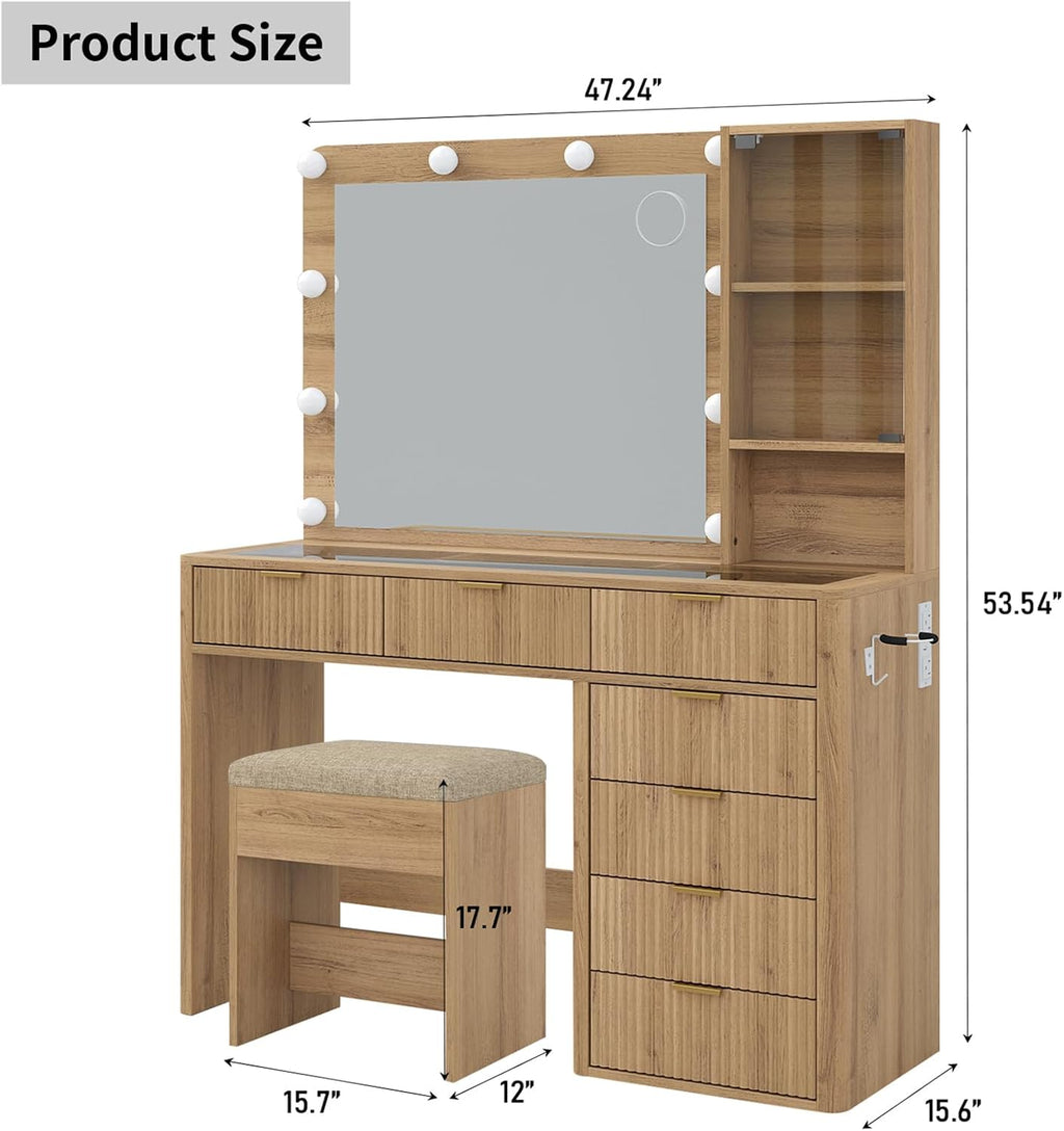 Natural Oak 47" Fluted Vanity Desk with LED Mirror