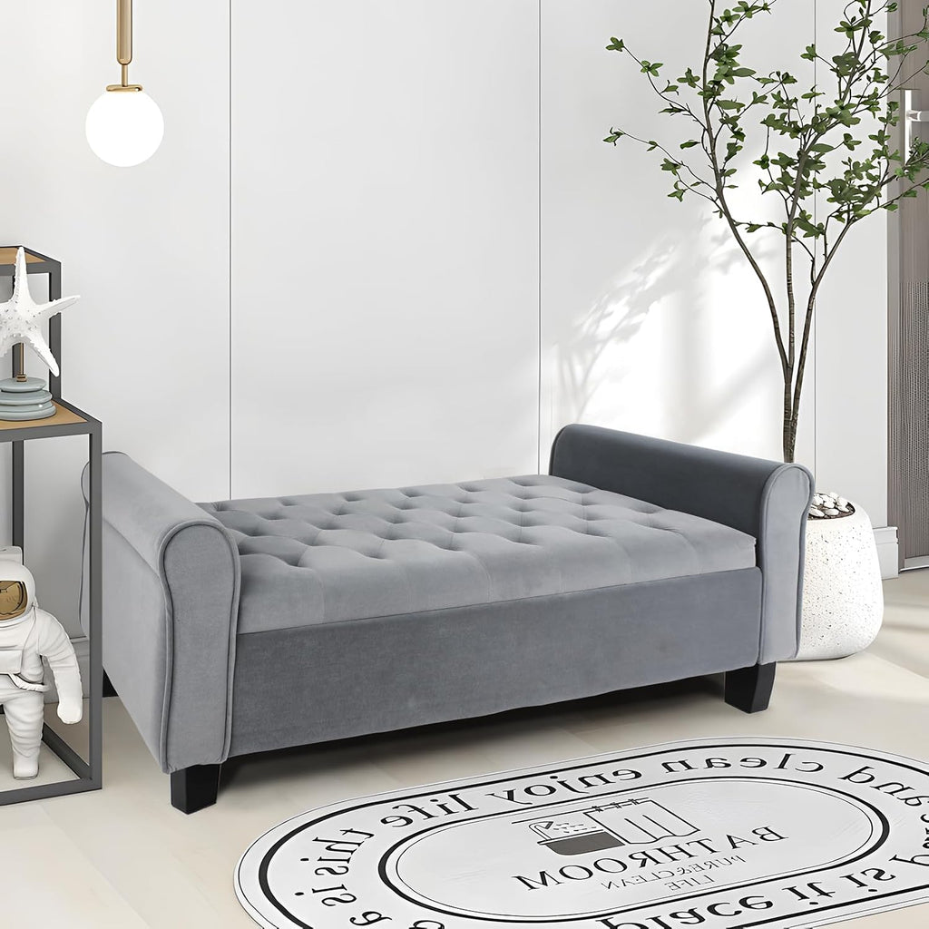 Dark Grey Velvet Tufted Storage Bench with Arms