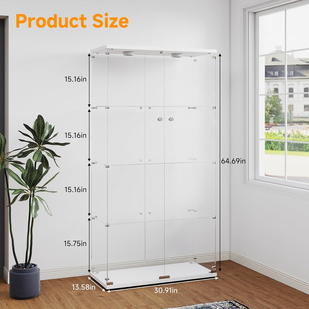 White 4‑Tier Glass Display Cabinet, Double‑Door