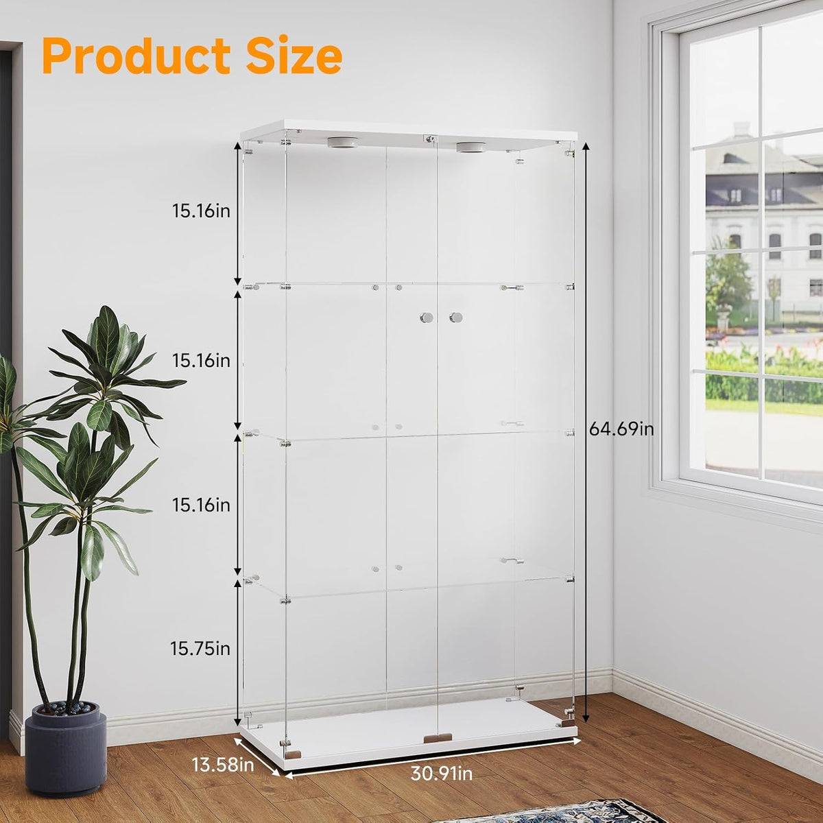 White 4‑Tier Glass Display Cabinet, Double‑Door