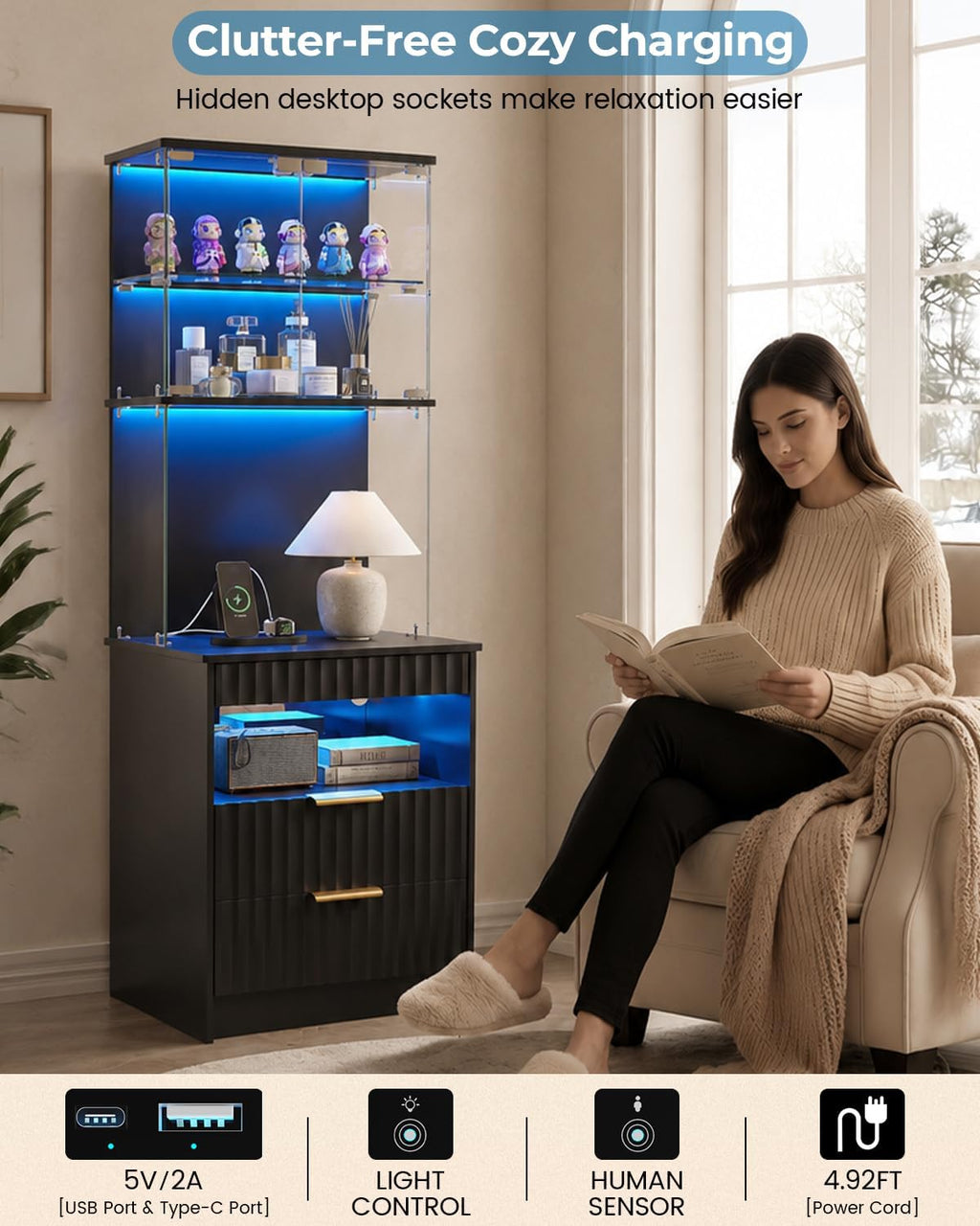 Tall Nightstand, LED Glass Storage & Charging Station