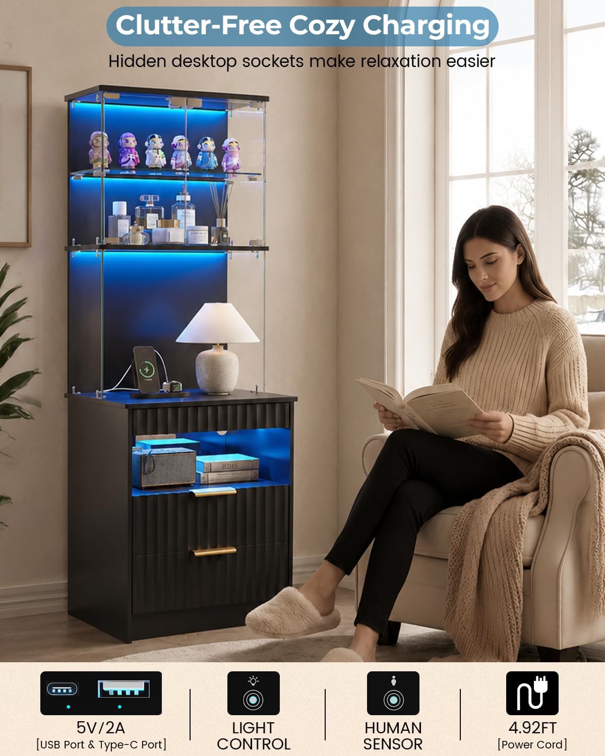Tall Nightstand, LED Glass Storage & Charging Station