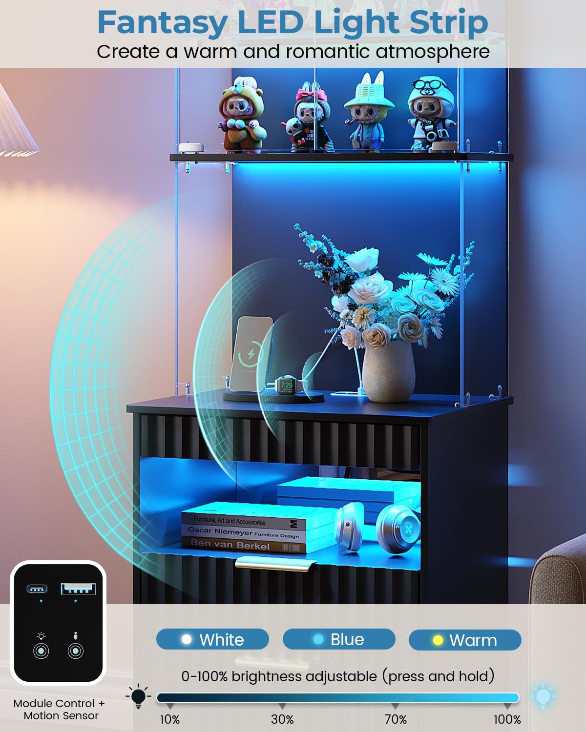 Tall Nightstand, LED Glass Storage & Charging Station
