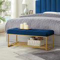 24KF Navy Velvet Tufted Bench with Gold Metal Shelf