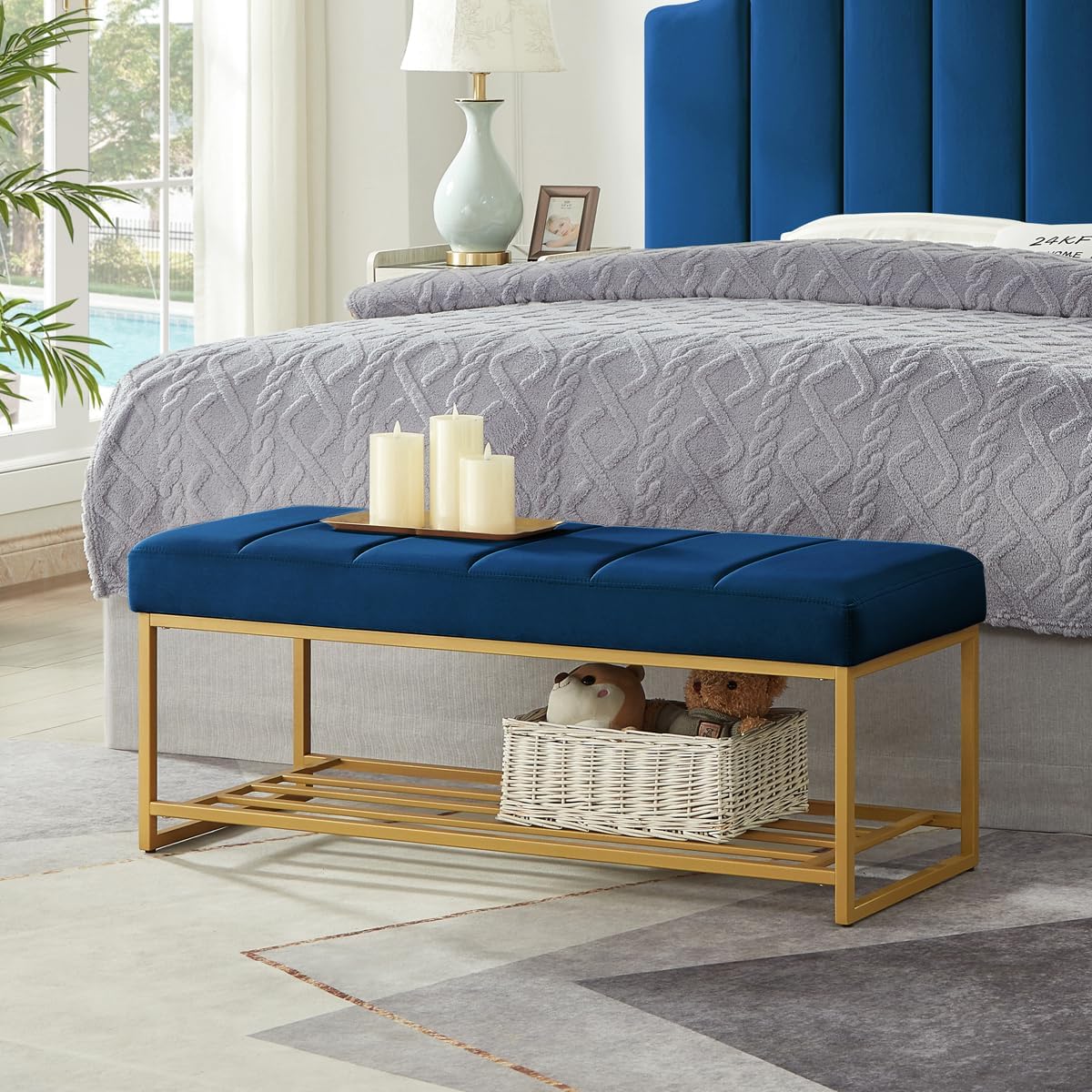 24KF Navy Velvet Tufted Bench with Gold Metal Shelf